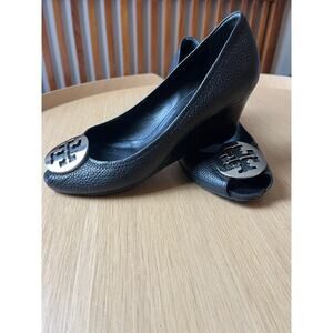 Tory Burch | Size 7 Peep Toe Black Leather Wedges Sally Heels